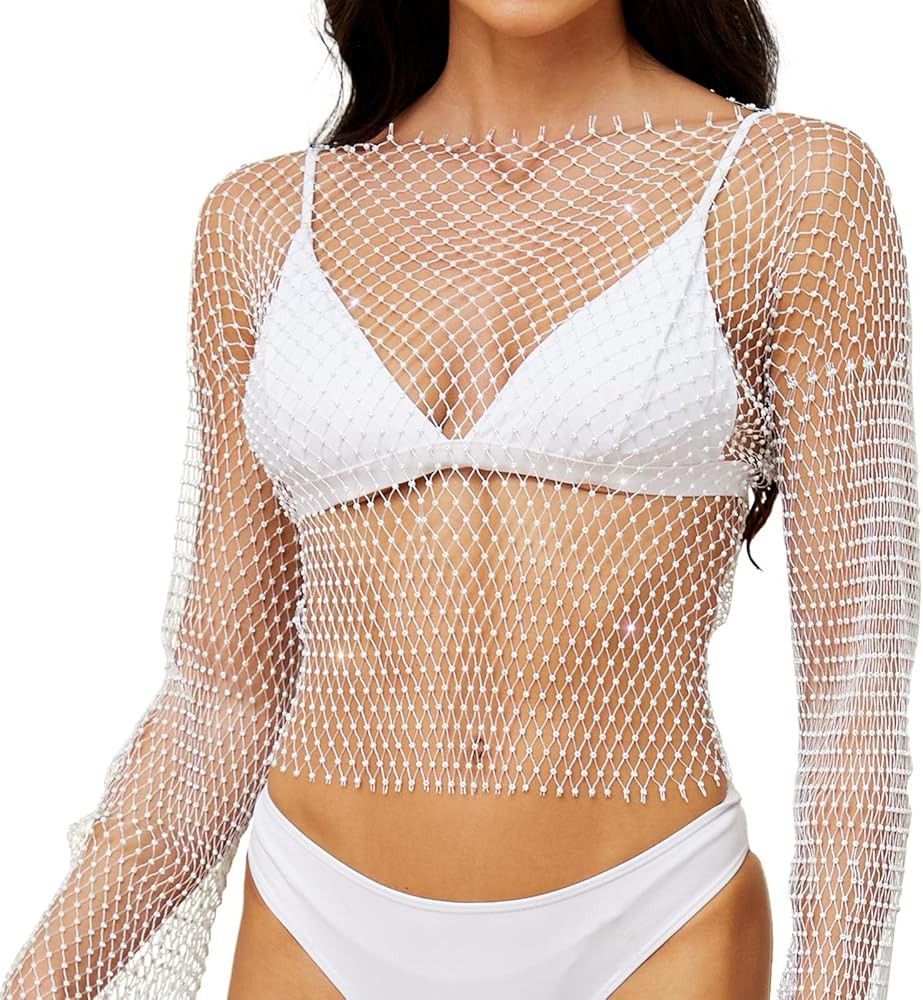 JASGOOD Rhinestone Shiny Mesh Body Chain Tops for Women Sparkly Bikini Crop Top for Nightclub Par... | Amazon (US)