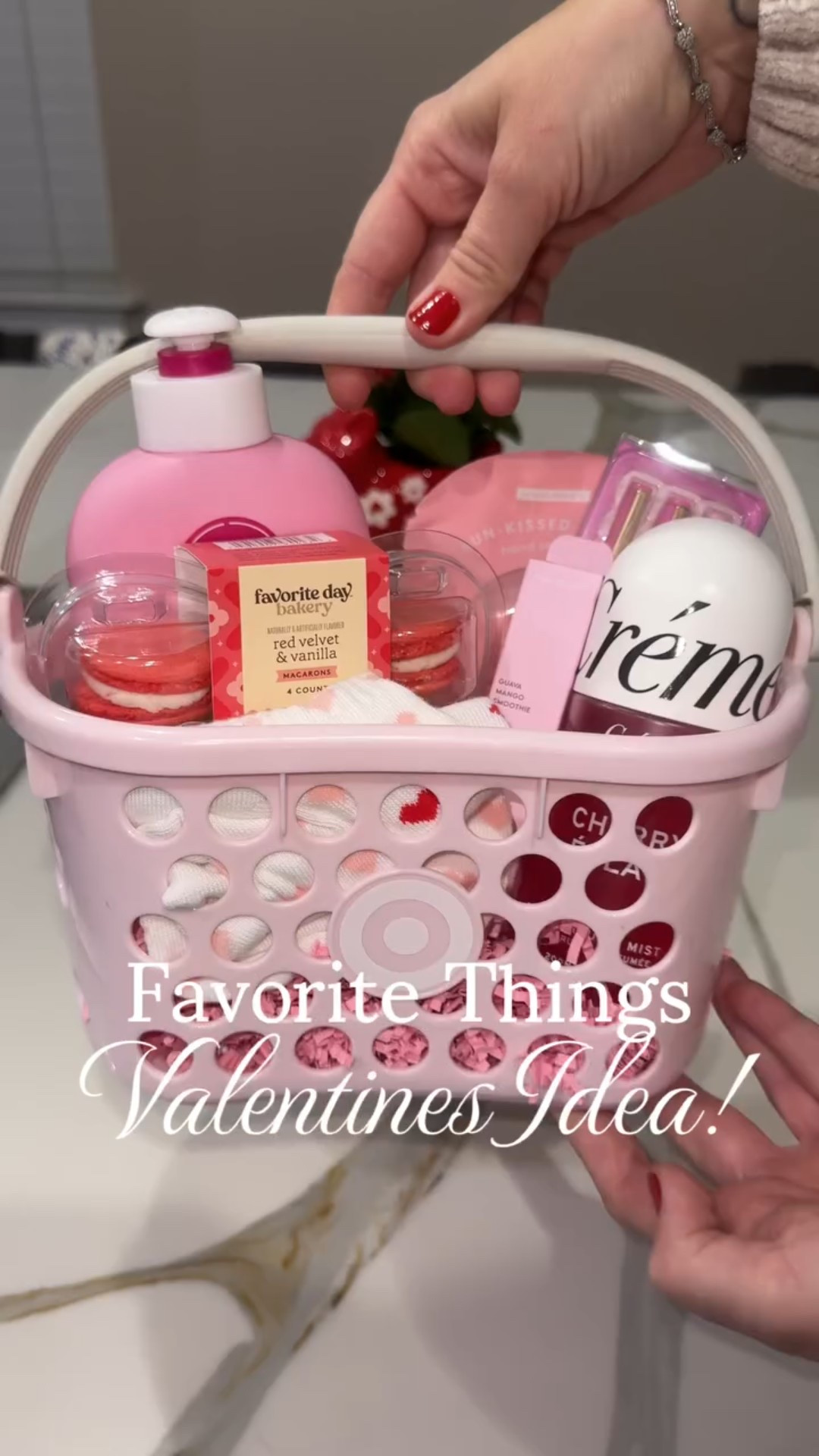 Another Love Day basket idea! 🎀💘 Those macarons are new at target and they are so good! And did you know @cremeriebeauty is now at Target! The pink basket is sold out but the red is available and you could always spray paint it 😅! 
Follow + comment “GIFT” for a link! ✨ & if you love Holiday finds and gift ideas, follow along for more! 

#Targetcreator #targetfinds #targetrun #targetstyle #target
