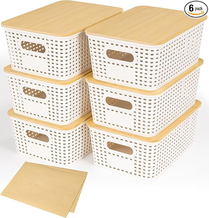 Criusia 6 Pack Plastic Storage Baskets With Bamboo Lid, Stackable Storage Baskets for Organizing ... | Amazon (US)
