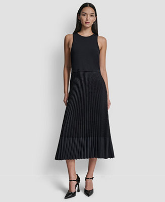 Women's Pleated Crewneck Window Pane Dress | Macy's