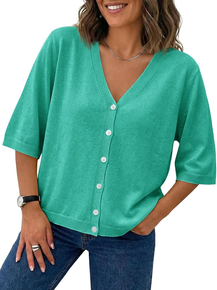 Saodimallsu Womens Half Short Sleeve Cardigans Summer Lightweight Knit V Neck Button Down Casual ... | Amazon (US)