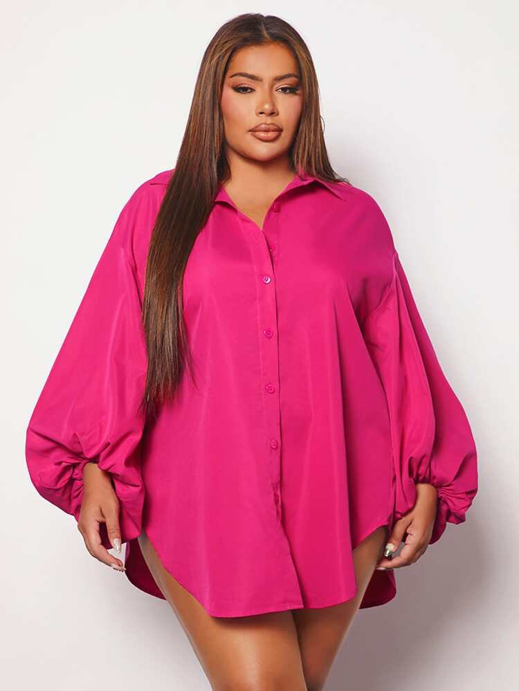 SHEIN SXY Plus Lantern Sleeve Curved Hem Shirt | SHEIN