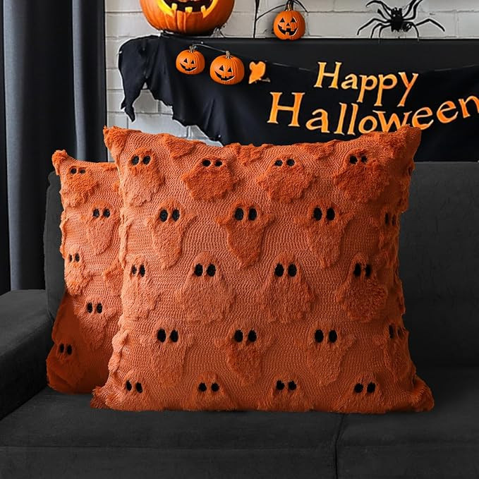 4TH Emotion Halloween Ghost Decorative Pillow Covers 18x18 Set of 2, Rust Red Soft Plush Faux Fur... | Amazon (US)