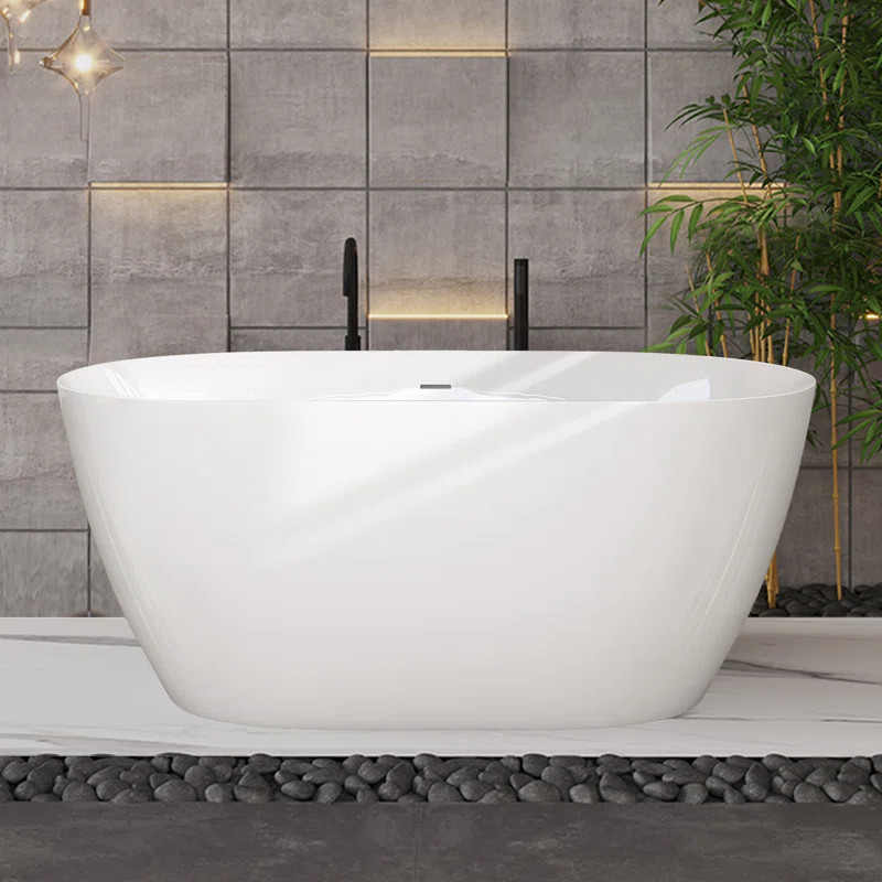 Acrylic Freestanding Soaking Tub 51'' x 27.5'' Stand AloneDeep Bathtub in White with Pop-up Cente... | Wayfair North America