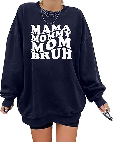 Oversized Mama Sweatshirt Women Mama Mommy Mom Bruh Pullover Tops Casual Crewneck Loose Long Sleeve  | Amazon (US)