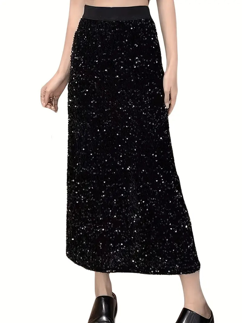 Solid Sequin High Waist Skirt Casual Elastic Waist Split - Temu | Temu Affiliate Program