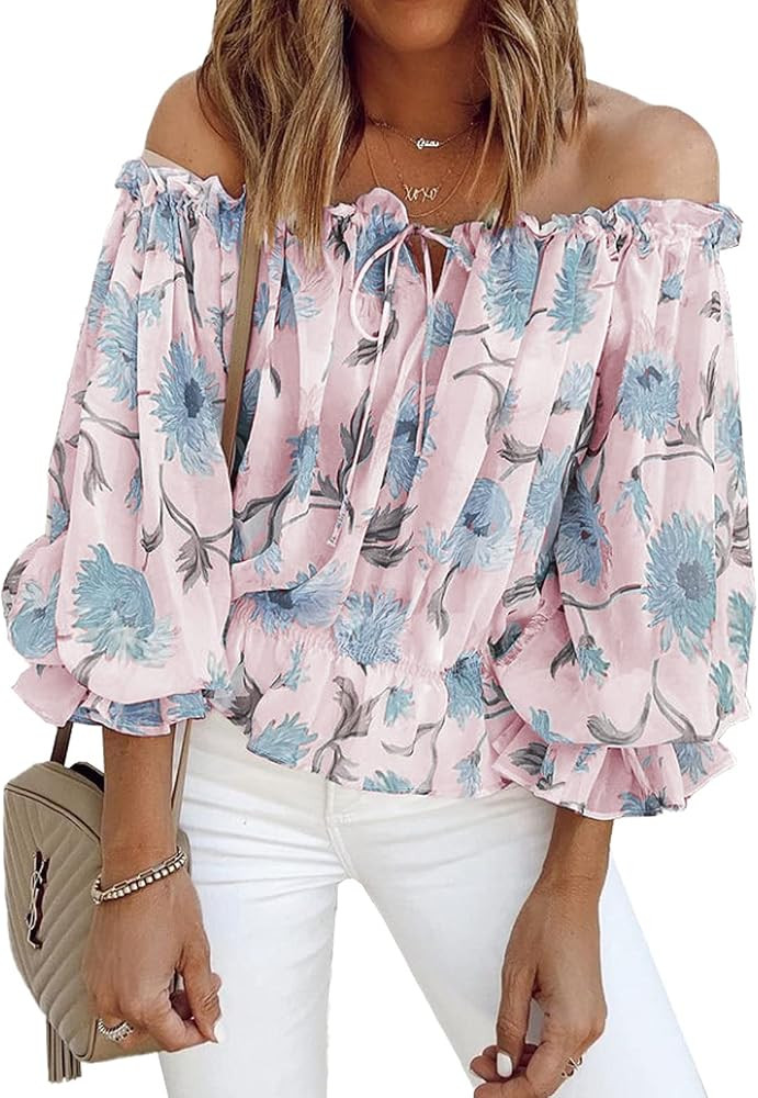 BLENCOT Summer Off The Shoulder Tops for Women Boho Floral Print Ruffle Sleeve Blouses | Amazon (US)