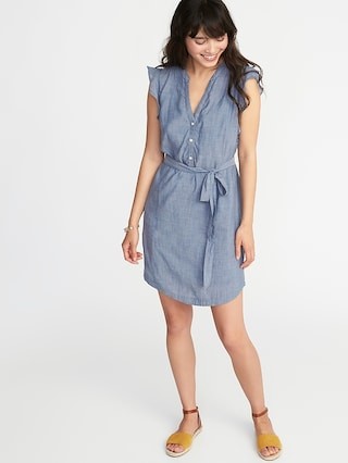 Old Navy Womens Sleeveless Tie-Belt Shirt Dress For Women Cross-Dyed Light Blue Size L | Old Navy US