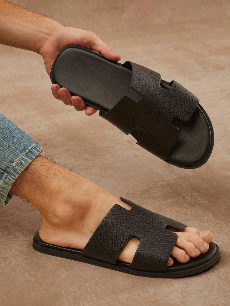 SHUZIA Men's Textured Black Slide Sandals, Anti-Slip, Comfortable, High-End Feeling Holiday Vacay Vibe For And Spring Shoes Spring Break Easter Mother's Day Present | SHEIN