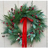 Evergreen Christmas Wreath Faux Pine, Red Berries & Velvet Bow | Etsy (US)