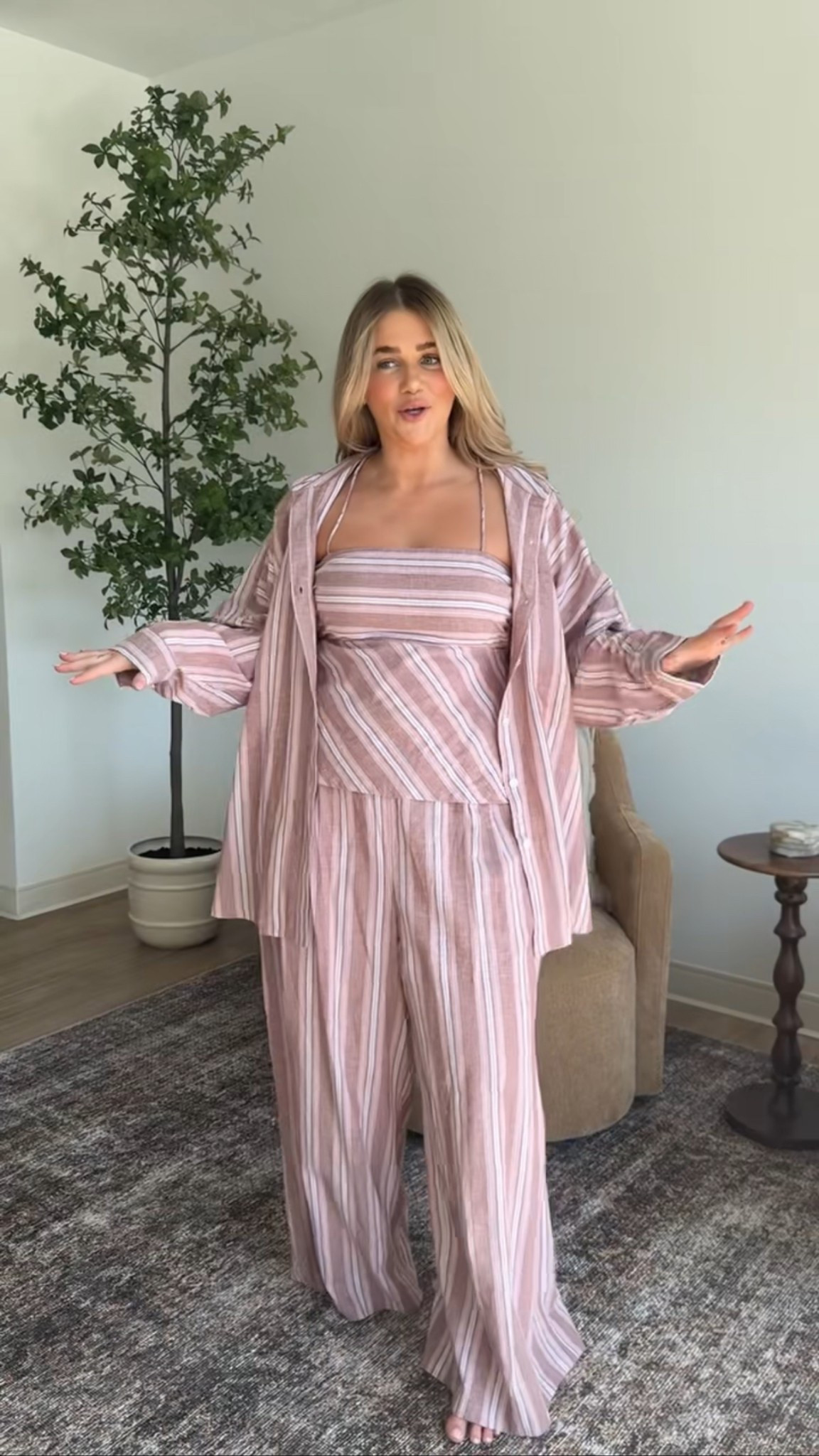 Cutest spring set! 

Top- medium 
Bottoms- XL (need to size down)
Button up- Large (need to size down) 

#LTKSeasonal #LTKMidsize #LTKSaleAlert