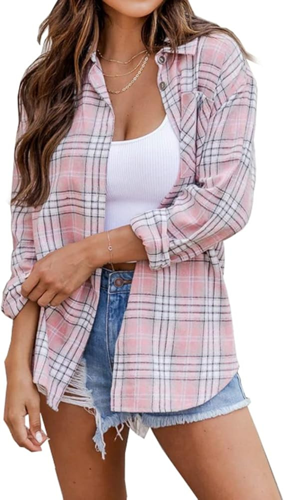 NUOREEL Women's Flannel Plaid Shirt, Boyfriend Fit Long Sleeve Button Down Casual Blouse with Poc... | Amazon (US)