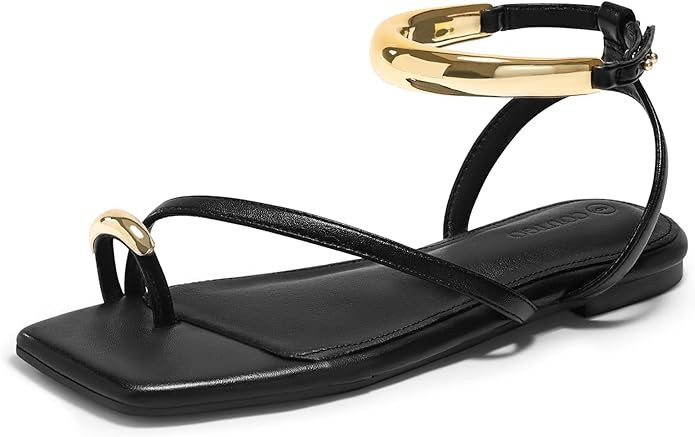 Coutgo Womens Strappy Flat Sandals Flip Flops Open Toe Ring Sandals Metal Ankle Strap Summer Beac... | Amazon (US)