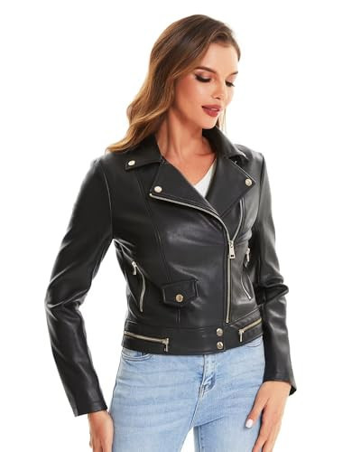 DIASHINY Faux Leather Motocycle Jacket For Women Moto Biker PU Slim Zip Up Coat Crop Jacket 022 Black S | Amazon (US)