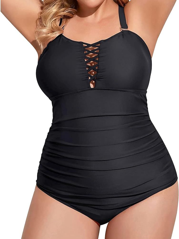 Yonique Women Plus Size One Piece Swimsuits Tummy Control Bathing Suits Vintage Swimwear | Amazon (US)