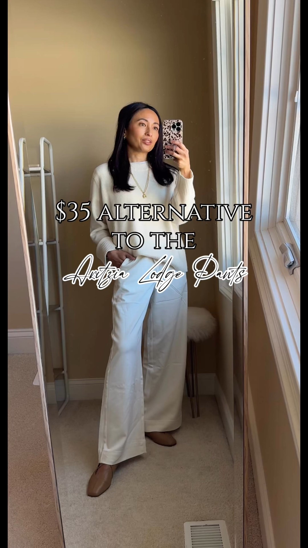 $35 alternative to the aritzia lodge pants. 
These seem good for the price. True to size. Appreciate the length options. I am in short length at about 5’4. Pants to look or feel cheap to me. Also linking a couple other options to the aritzia pants at lower price points  
Cashmere sweater- i sized up
Flats are beautiful investment shoes. True to size. 
Initial necklace. 
Base layer favorite all cotton t-shirt- true to size  

#LTKOver40 #LTKootd #LTKFindsUnder50