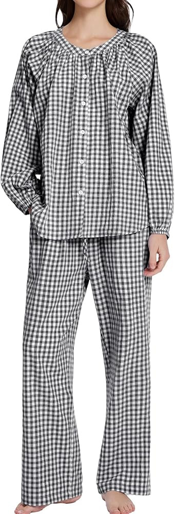 COZYPOIN Womens Gingham Pajama Set 2 Piece Cotton Plaid Button Down Puff Sleeve Shirt and Pants L... | Amazon (US)
