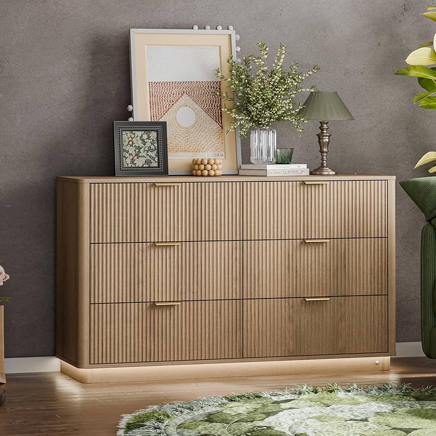 Fluted Dresser for Bedroom with 6 Drawers, 54" Wide Modern Chest of Drawers with Lighting, Wooden... | Amazon (US)