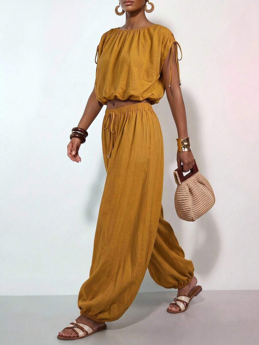 Zivah Women's Summer Boho Mustard Yellow Casual Vacation Holiday Set,Loose-Fitting Raglan Sleeve ... | SHEIN