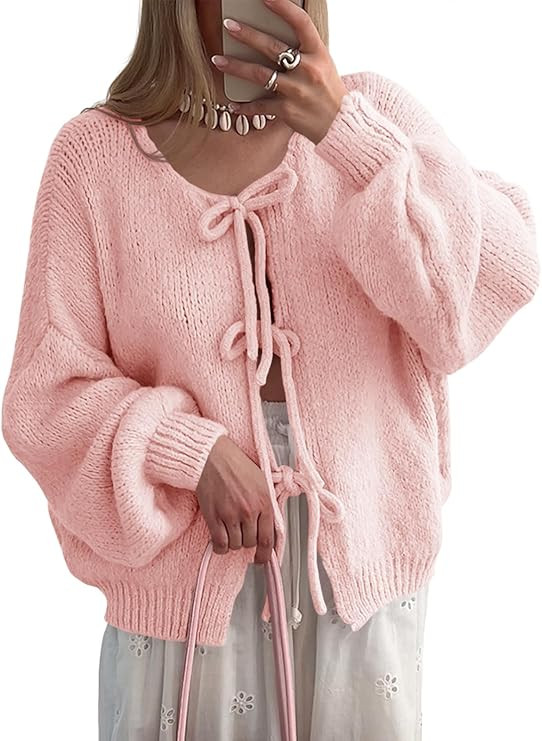 Saodimallsu Womens Tie Front Cardigan Sweaters Cute Bow Puff Long Sleeve 2024 Fall Loose Ribbed K... | Amazon (US)