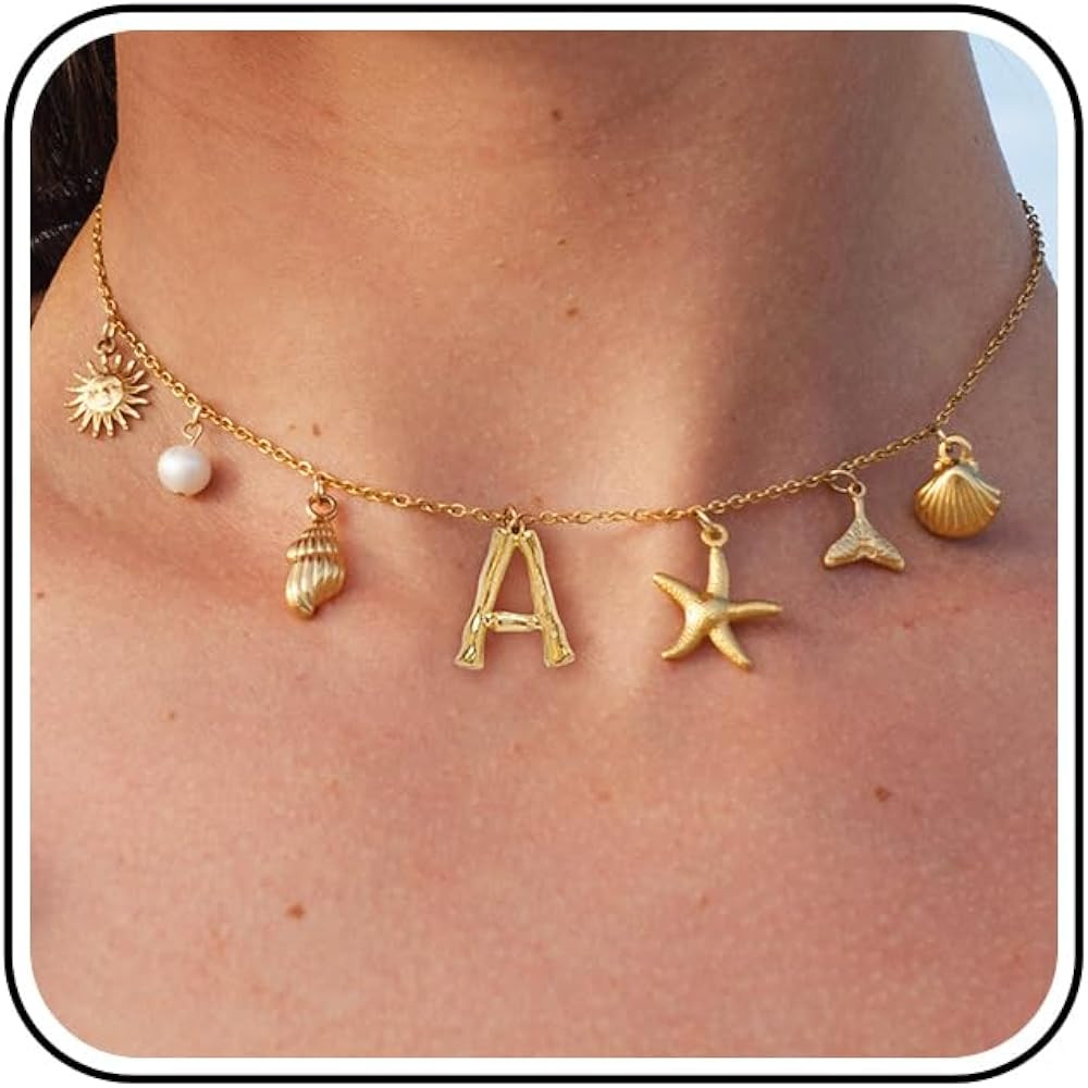 SLOONG Initial Charm Necklace for Women, Beach Pendant 14K Gold Plated Letter Neckalces Freshwate... | Amazon (US)