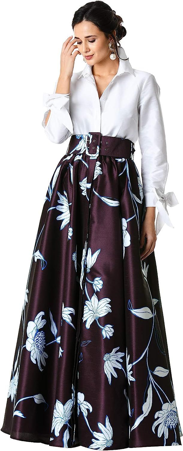 eShakti FX Floral Print Dupioni Maxi Shirtdress - Customizable Neckline, Sleeve & Length | Amazon (US)