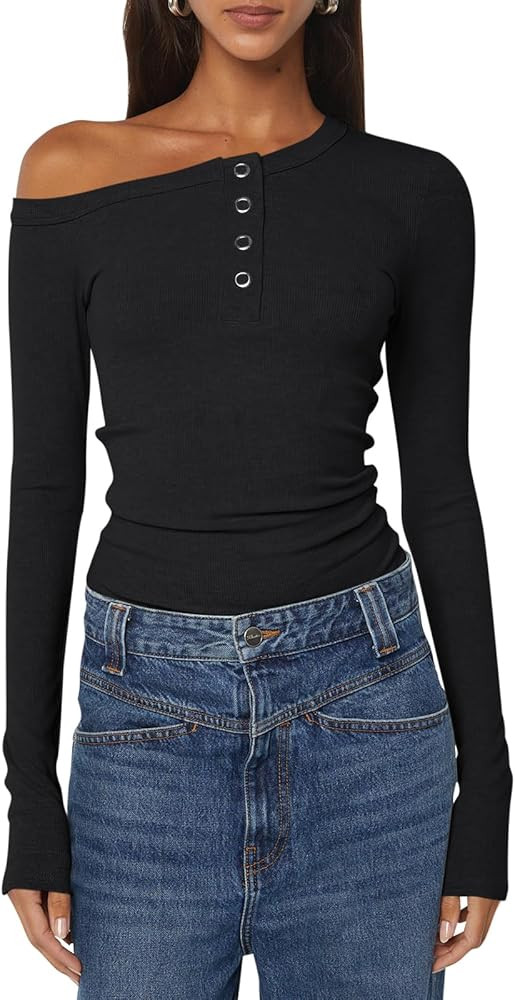 Tankaneo Womens Going Out Tops Off The Shoulder Long Sleeve Fitted Ribbed Asymmetrical Neckline Y... | Amazon (US)