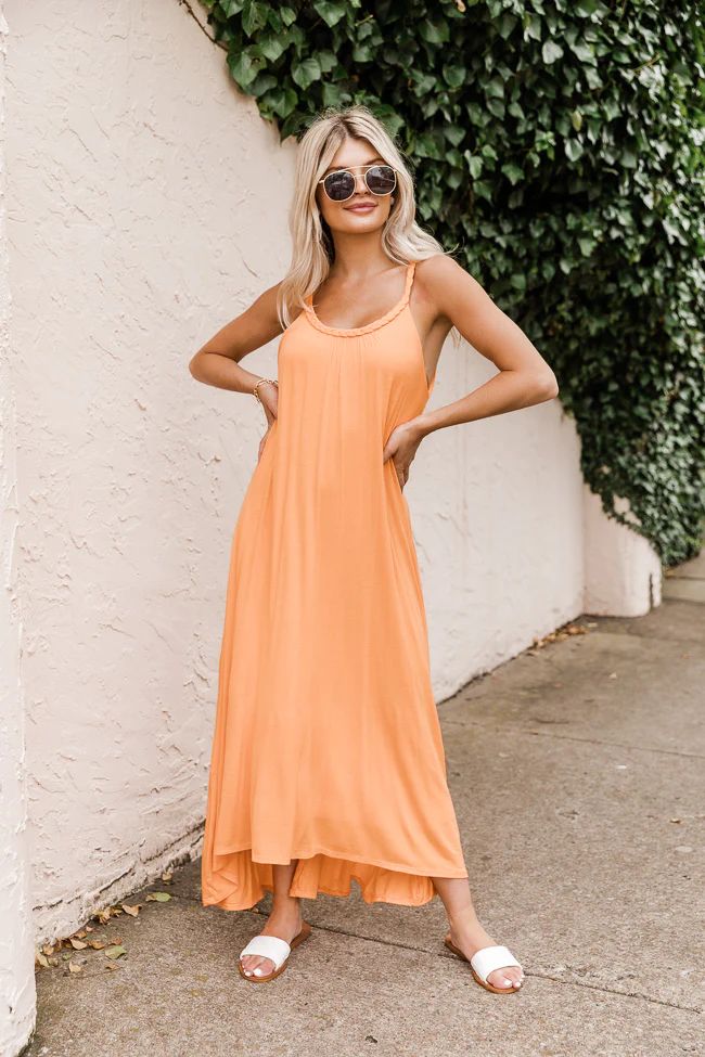 Twirl All Night Orange Braided Neck Jersey Midi Dress | The Pink Lily Boutique