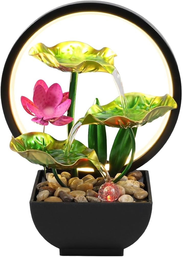 Tabletop Fountain 3-Tiers Leaf Small Waterfall Fountains Indoor Water Fountain with Rocks and LED... | Amazon (UK)