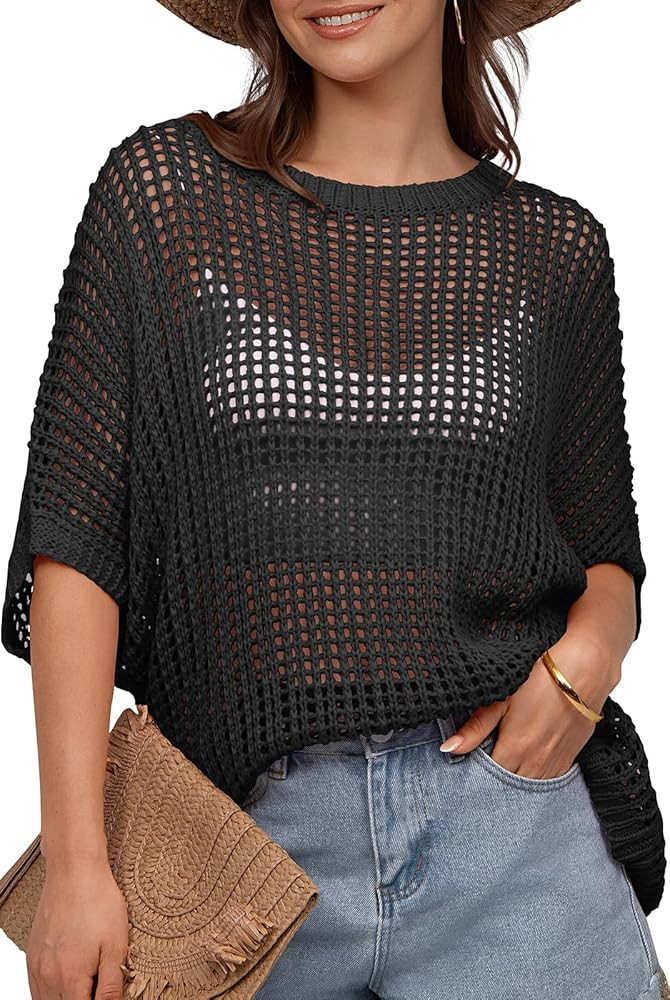 UEU Womens Summer Tops Crochet Short Sleeve Mesh Knit Sweater Shirts Beach Swimsuit Swim Cover Up... | Amazon (US)