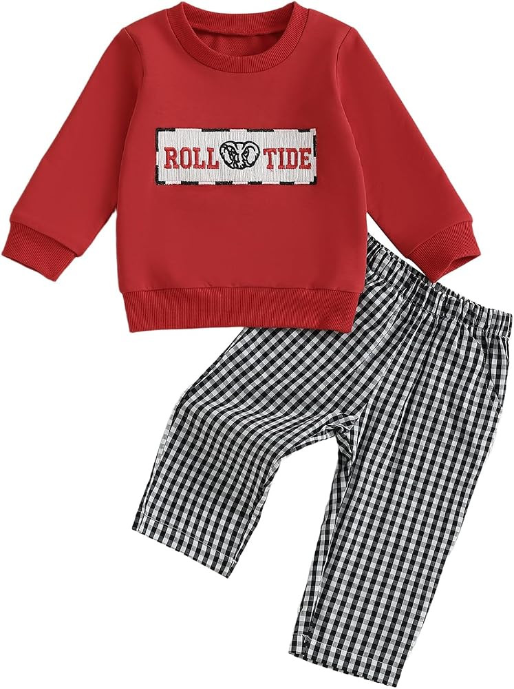 Toddler Baby Boy Football Outfit Tiger Elephant Embroidery Crewneck Sweatshirt Plaid Pants Set Fa... | Amazon (US)