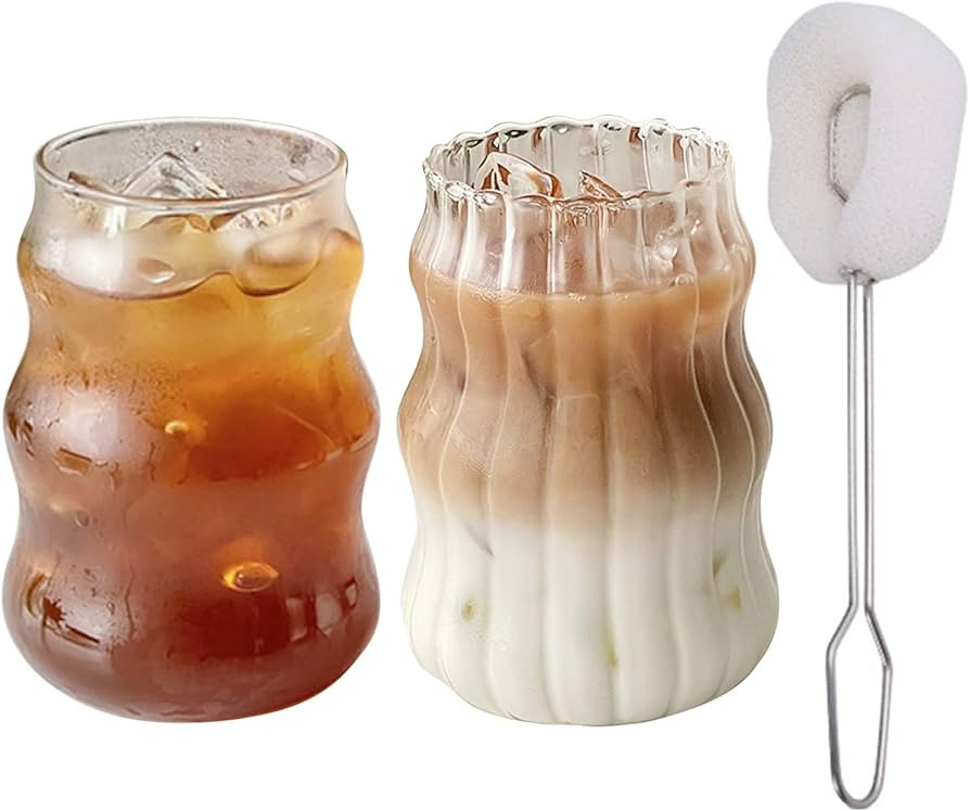 2 Pack Vintage Drinking Glasses with Brush,530ml Ripple Glass Cups,Wave Shape Beverage Glasses, R... | Amazon (UK)