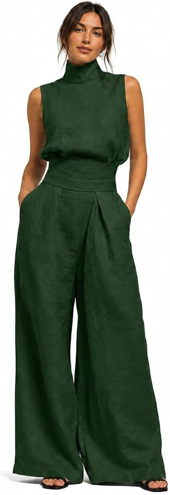 Women\u2019s Two Piece Pants Set Sleeveless Mock Neck Top Wide Leg Pants Matching Outfit for Summ... | Amazon (US)
