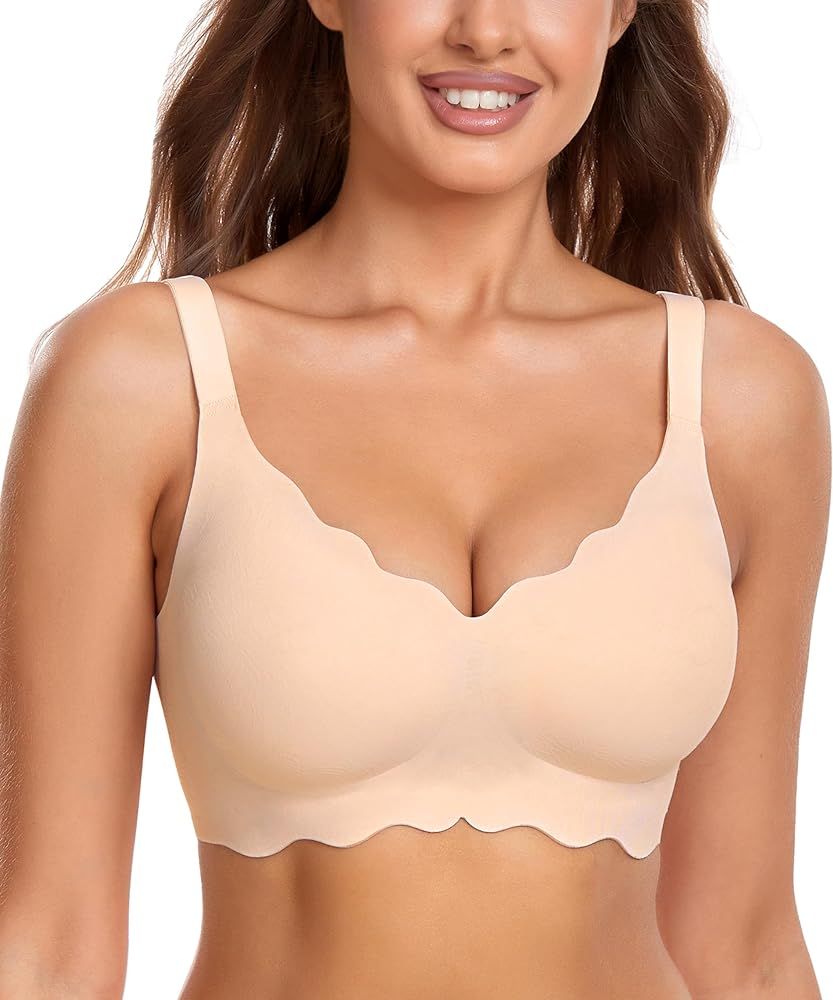 Scalloped Bras for Women No Underwire Wireless Bralettes for Women with Support Adjustable Cross ... | Amazon (US)