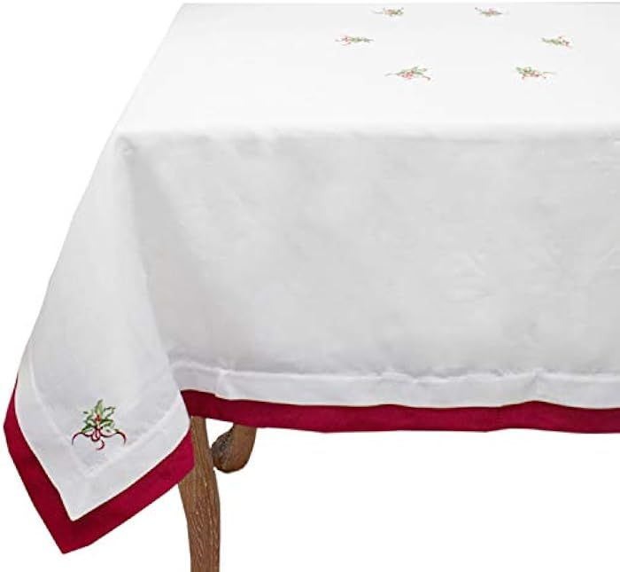 Fennco Styles Christmas Embroidered Holly Design Double-Layer White & Red Holiday Tablecloth 65" ... | Amazon (US)