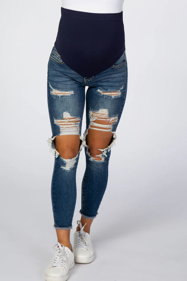 Navy Blue Ripped Knee Distressed Crop Maternity Jeans | PinkBlush Maternity