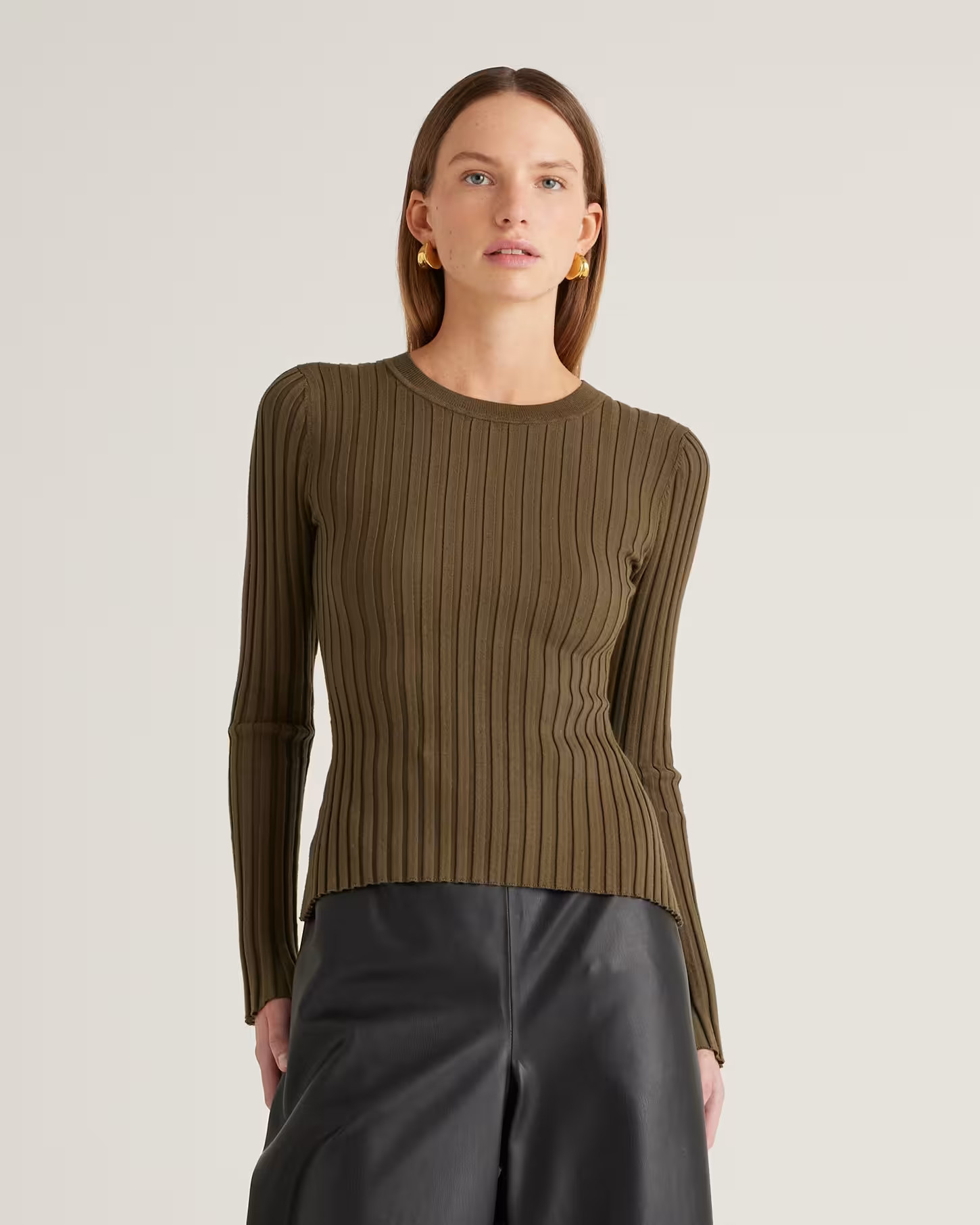 Cotton Cashmere Ribbed Long Sleeve Sweater  in Olive | Quince