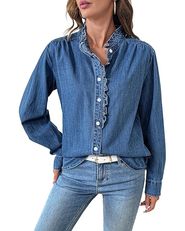 Sidefeel Womens Denim Shirt Button Down Long Sleeve Ruffled Edge Jean Blouses Tops | Amazon (US)