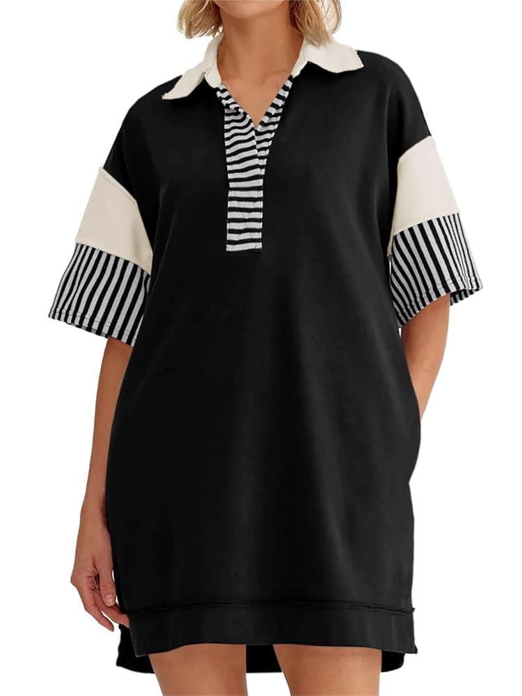 Wenrine Women's Polo V Neck T Shirt Dress Casual Summer Oversized Color Block Short Sleeve Sweats... | Amazon (US)