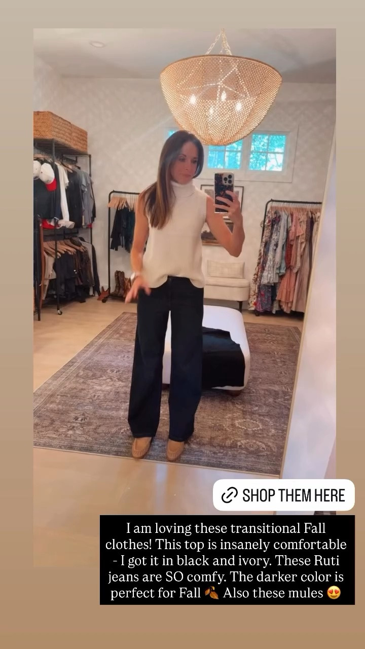 I am loving these transitional Fall clothes! This top is insanely comfortable - I got it in black and ivory. These Ruti jeans are SO comfy. The darker color is perfect for Fall 🍂 Also these mules 😍
