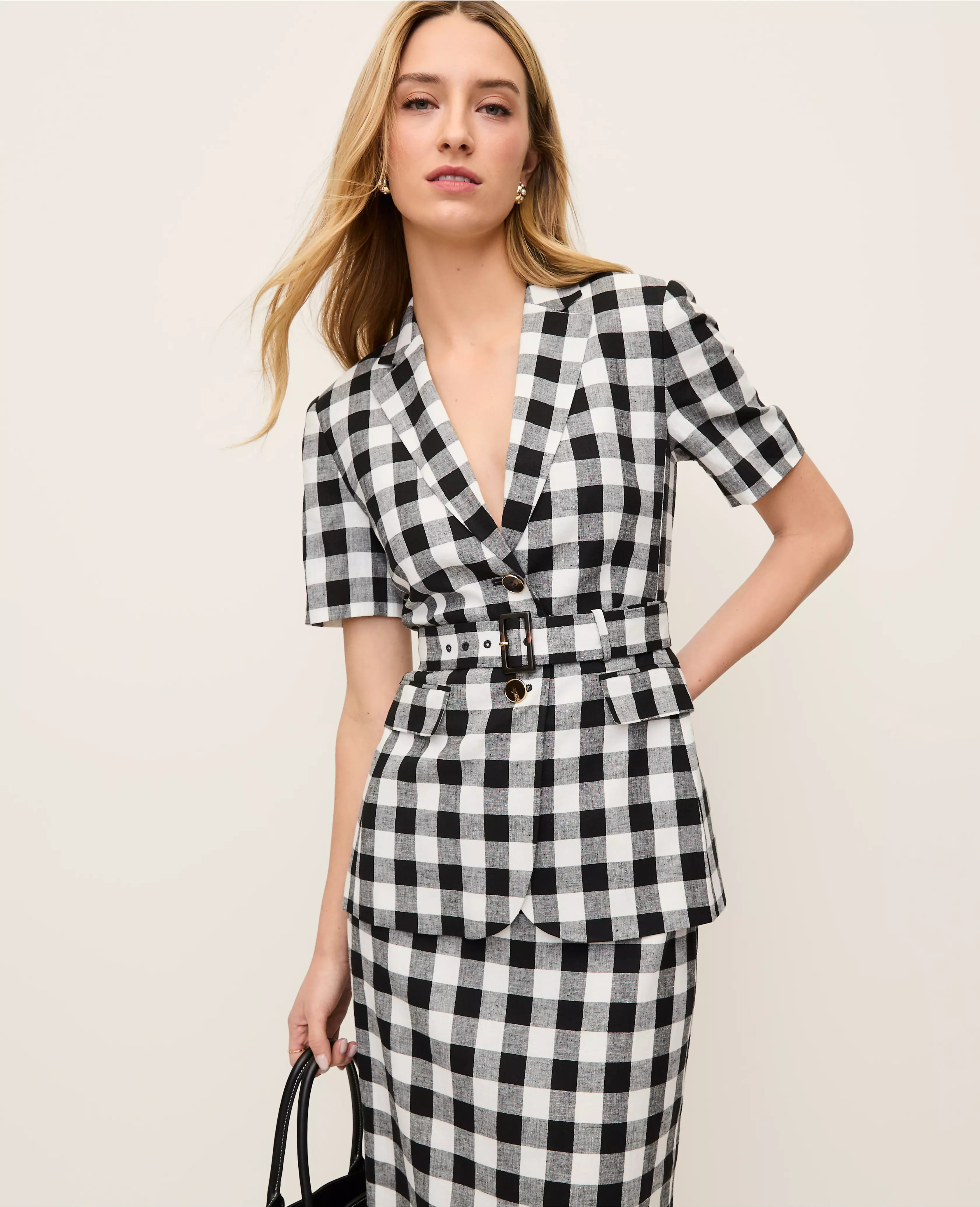 The Belted Greenwich Blazer in Gingham Linen Blend | Ann Taylor