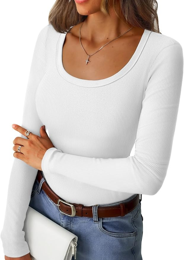 Womens Long Sleeve Ribbed Tops Scoop Neck Fitted Stretch Basic Tee Shirts Casual Tight Layering 2... | Amazon (US)