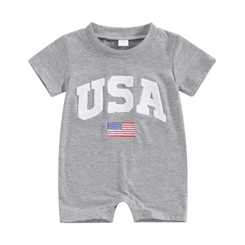 Shejingb 4th Fourth of July Baby Boy Girl Outfit Newborn USA Print Romper Jumpsuit Short Sleeve Bodysuit Cute Summer Clothes (USA Fuzzy Gray, 6-12 Months) | Amazon (US)