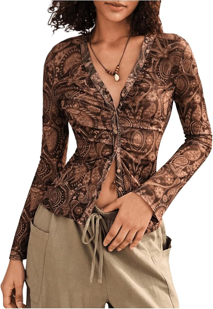 GORGLITTER Women's Paisley Print Ruched Button Down Shirt V Neck Long Sleeve Blouse | Amazon (US)