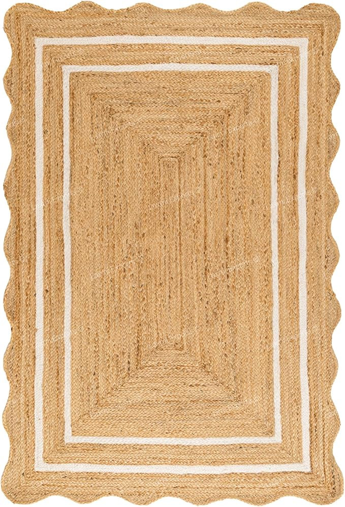 Natural Jute Wave Scalloped Area Rug 6x8 Ft - White Rectangular Stripe Rugs for Home & Kitchen, H... | Amazon (US)