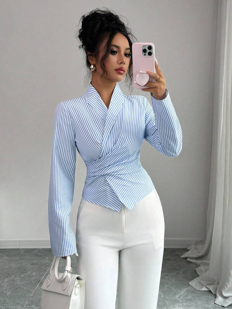 Elenzga Casual Commuter Striped Cinched Waist Wrap Around Waist Shirt Fall Cloth For Women | SHEIN