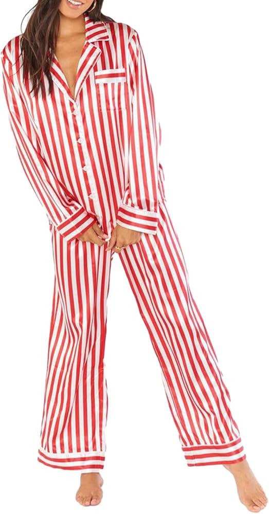 NUFIWI Women Christmas 2 Piece Pajamas Set Striped Printed Long Sleeve Button Down Shirt and Pants L | Amazon (US)