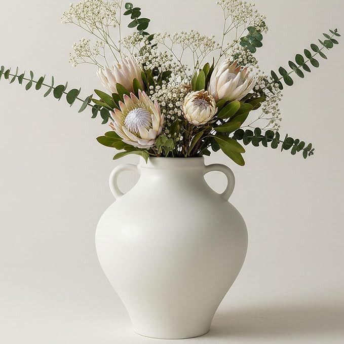 hjn White Ceramic Vase with Double Handles - Minimalist Decorative Tabletop Vase for Fresh/Dried ... | Amazon (US)