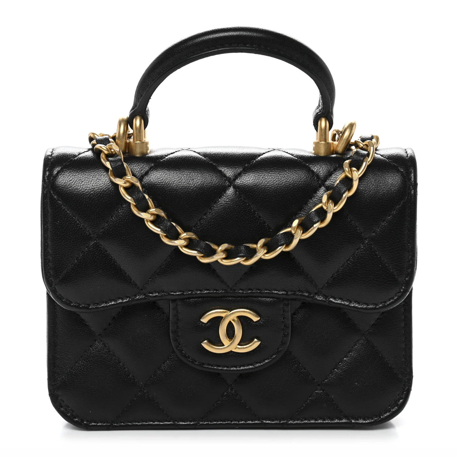 Lambskin Quilted Top Handle Flap Coin Purse With Chain Black | FASHIONPHILE (US)