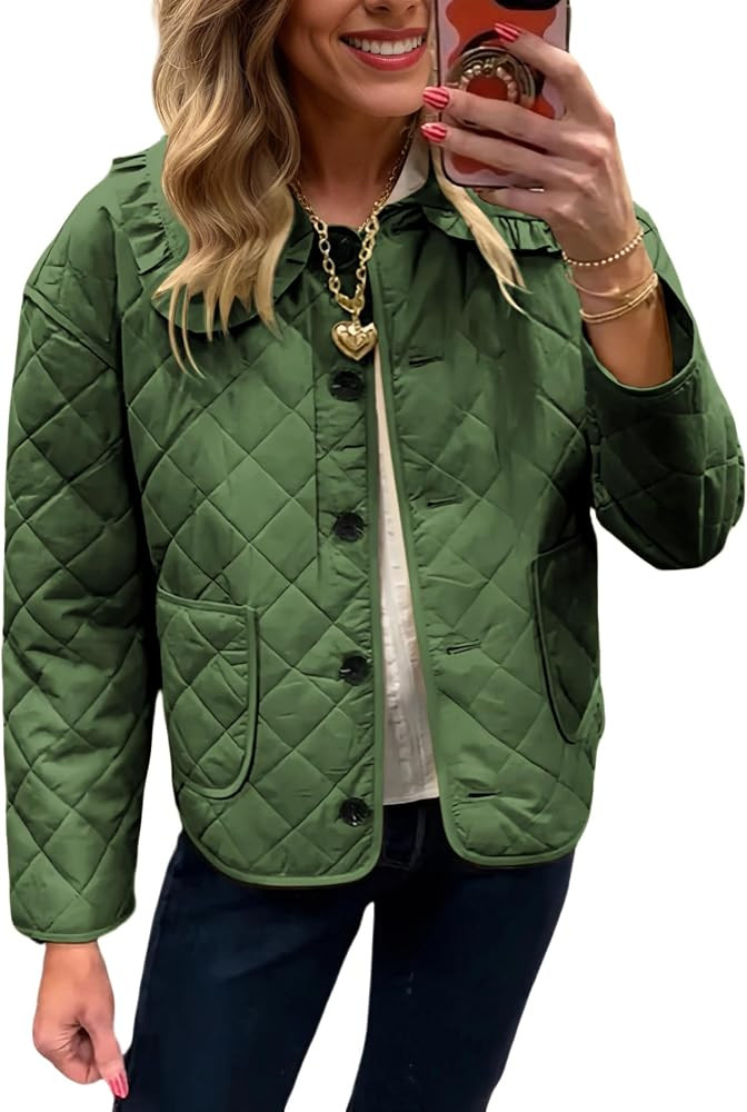Women's Ruffle Collar Quilted Lightweight Puffer Jacket Long Sleeve Casual Cardigan Padded Coat f... | Amazon (US)